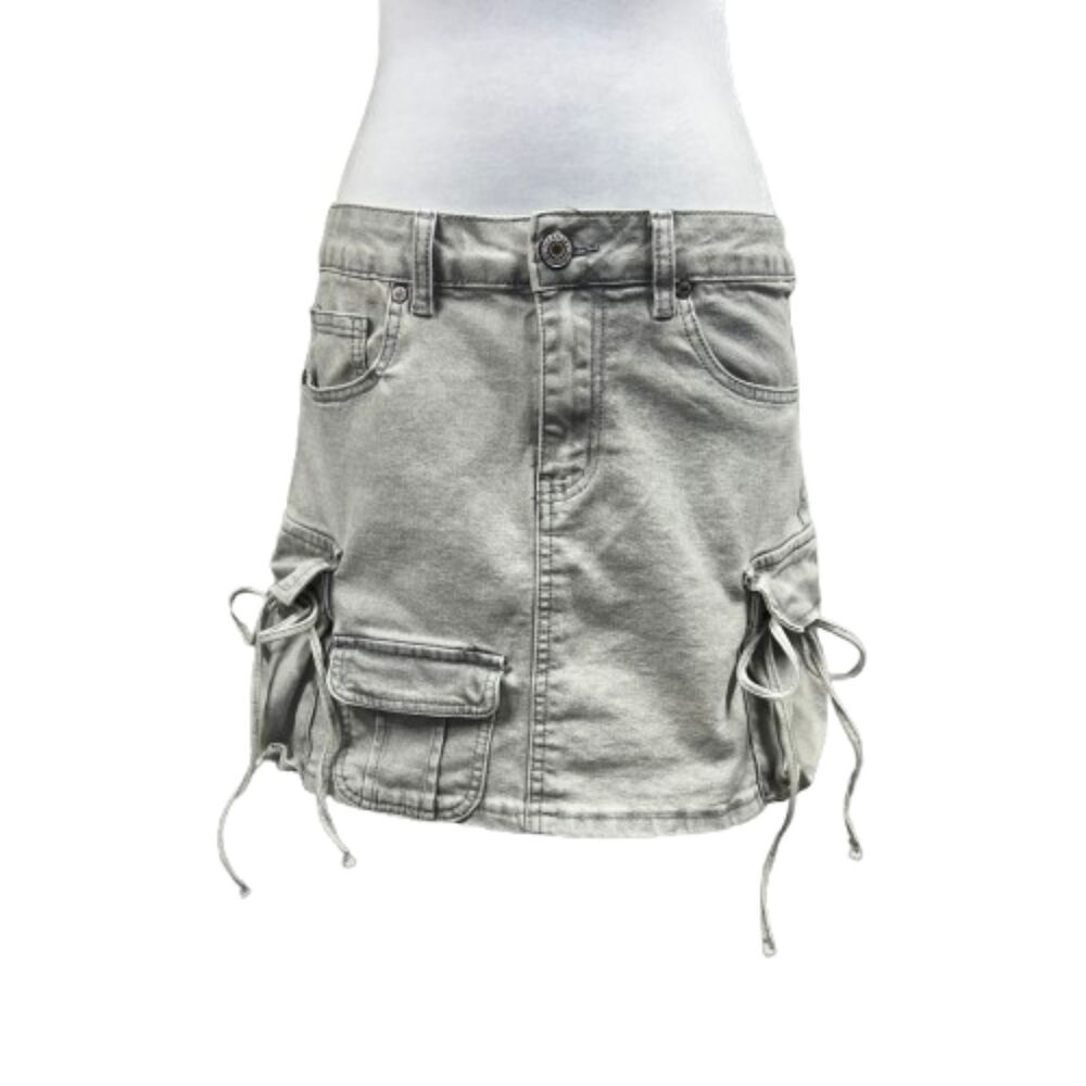 VIP Jeans Cargo Bow Utility Denim Mini Skirt Sz L Gray